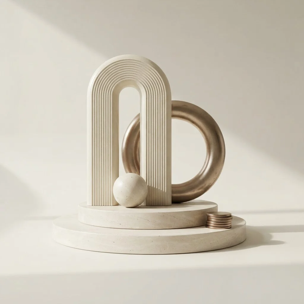 A ribbed ceramic arch and bronze ring on a limestone plinth